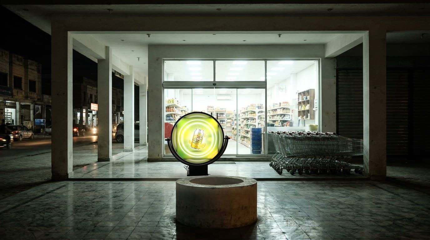 Orbit 17 round illuminated sign on a plinth outside a store entrance at night